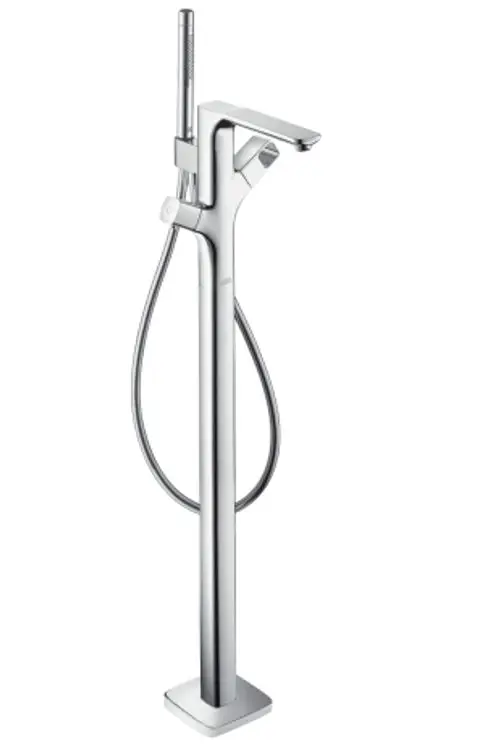Bodenstehender Thermostat für Badewanne in Chrom von AXOR, mit integriertem Handbrauseanschluss und schlichtem Design, montiert auf quadratischer Basisplatte.